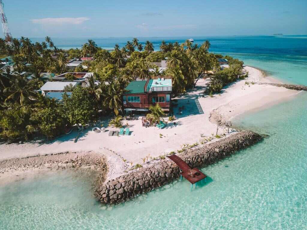 Aerial view of Tranquil Nest Vaavu and the beach on Rakeedhoo